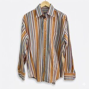 Bugatchi Uomo Men’s Large Striped Button Down Shirt Long Sleeve 100% Cotton
